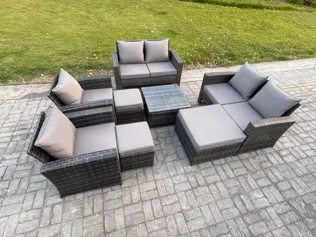 Fimous 8 Piece Rattan Garden Furniture Set in Dark Grey with U-Shape Sofa, Armchairs, Ottoman, Coffee Table and Cushions