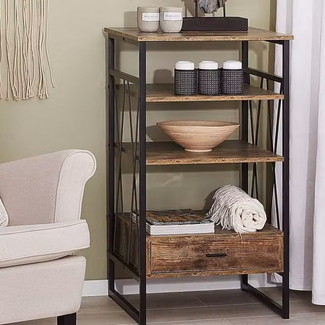 Wyld and Coco Industrial Console Table and TV Stand in Dark Brown with Metal X-Frame, 3 Shelves and 1 Drawer – 1
