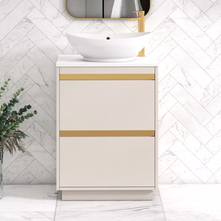 Royal Bathrooms Orion 600mm Warm Taupe Floor Standing 2 Drawer Vanity Unit with Amaze Basin and Brushed Brass Accent Trim