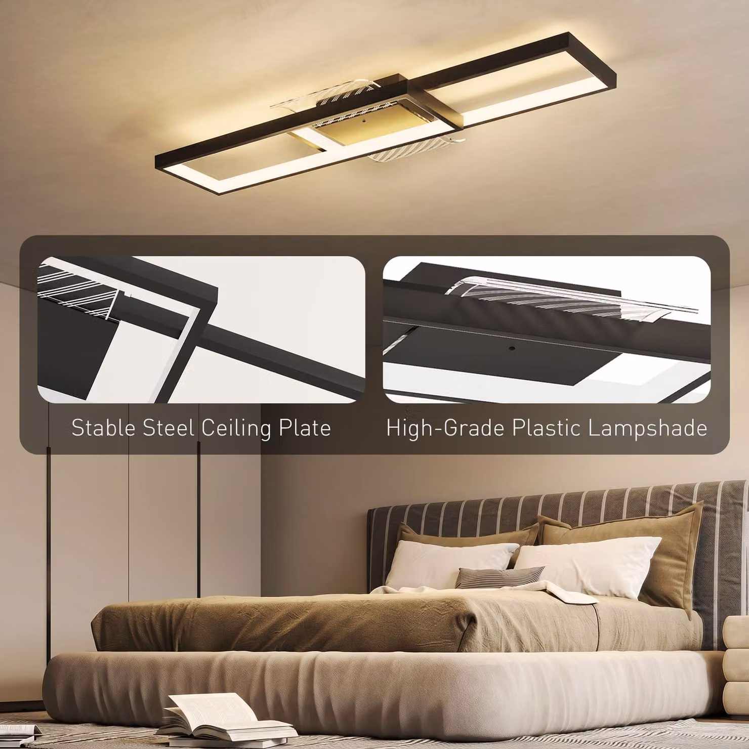 HOMCOM Modern Dimmable LED Ceiling Light with Remote Control and Wall Switch, Black Flush Mount Lamp for Living Room and Bedroom – 4