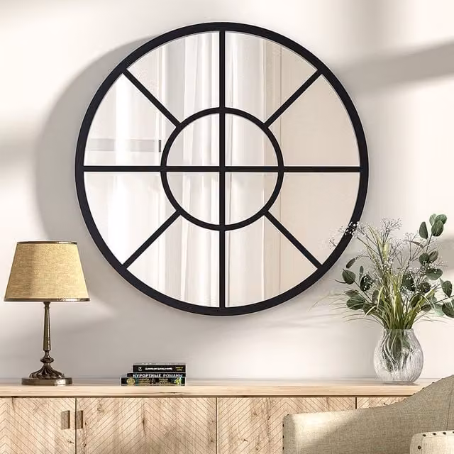 Livingandhome Window Style Glass Wall Mirror with Crossed Double Circle Metal Frame in Black, Diameter: 70 cm
