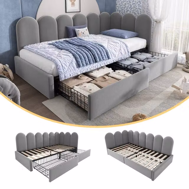 Matteo Grey Velvet Upholstered Kids Daybed with Drawer Storage, W/D/H: 90 x 190 cm – 1