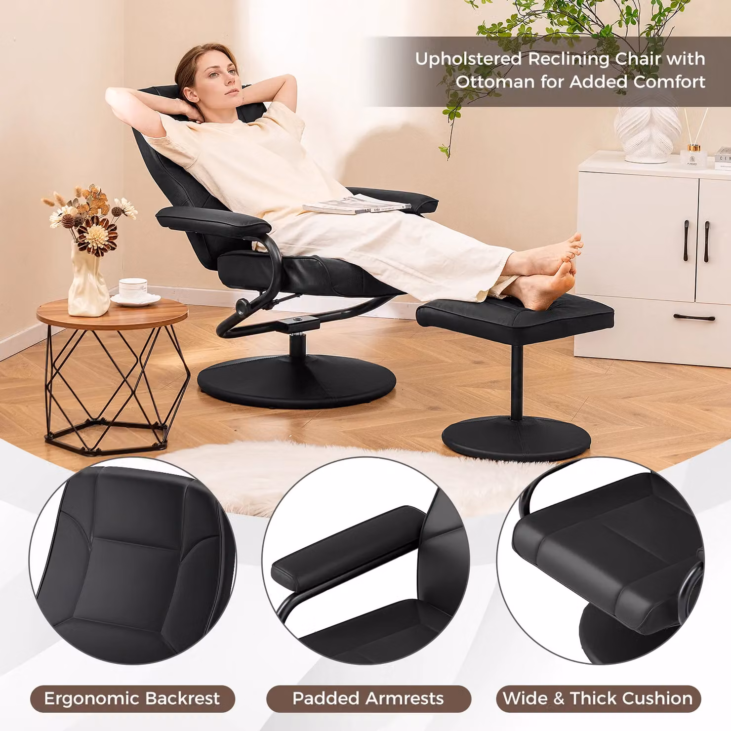 Costway 360 Degree Swivel Reclining Chair with Adjustable Backrest and Ottoman in Black Synthetic Leather – 9