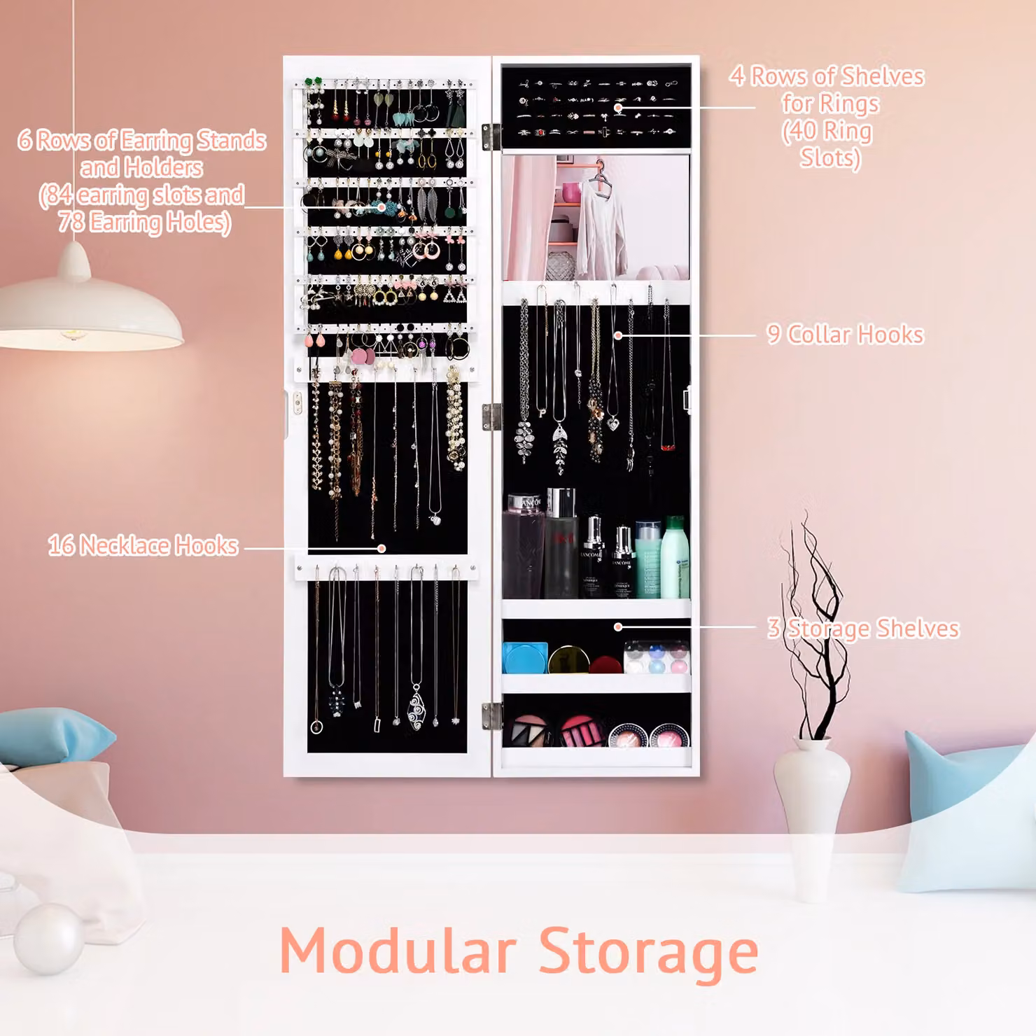 Costway White Mirrored Jewelry Cabinet with Full-Length Mirror, Wall Mounted Armoire with Internal Shelves – 4