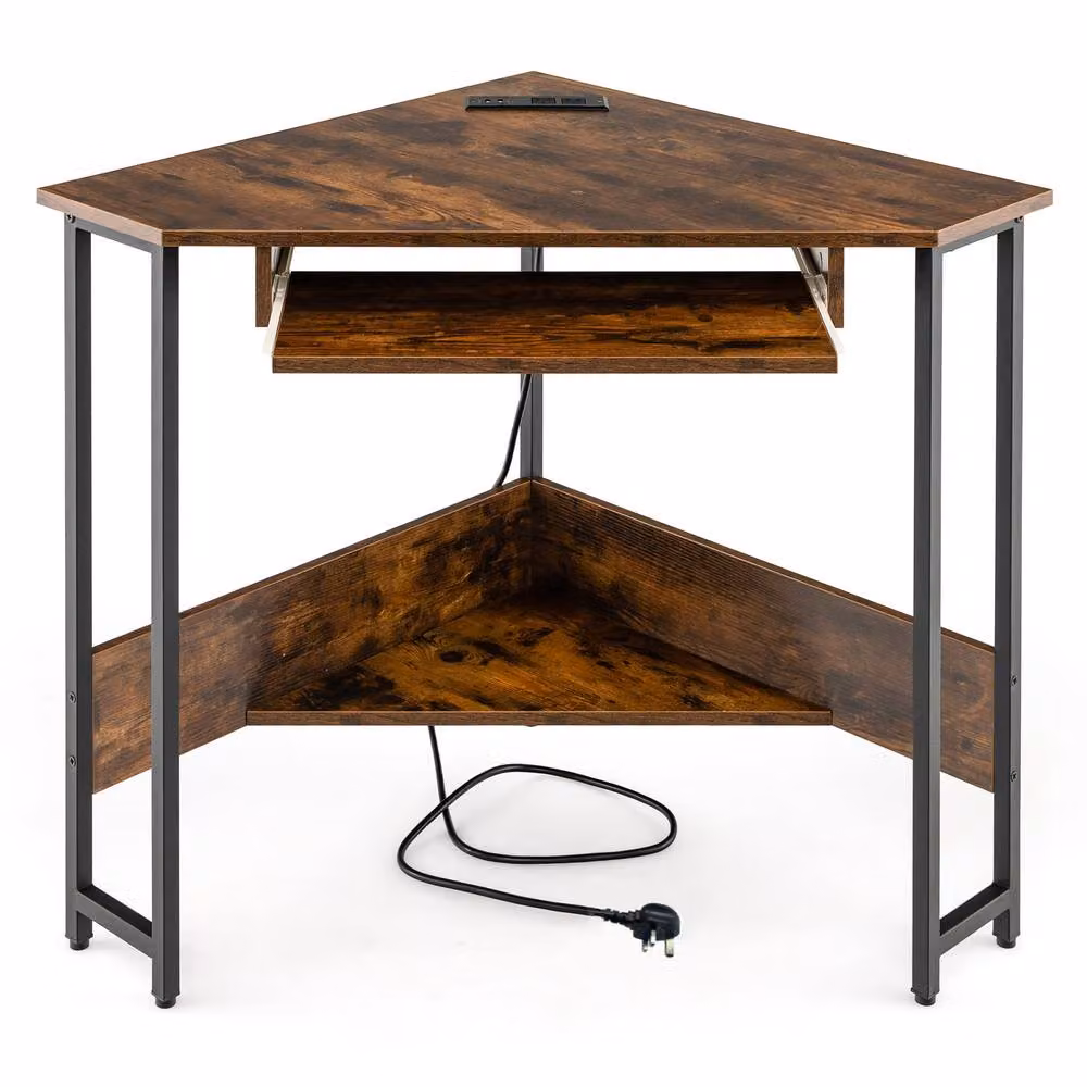 Gymax Small Brown Corner Computer Desk with Keyboard Tray and Power Outlets – 7