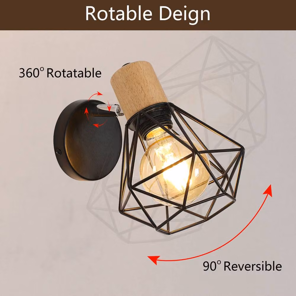 Pheashine Industrial Black and Wood Wall Lamp with E27 Bulb for Bedrooms, Living Rooms and Hallways – 6