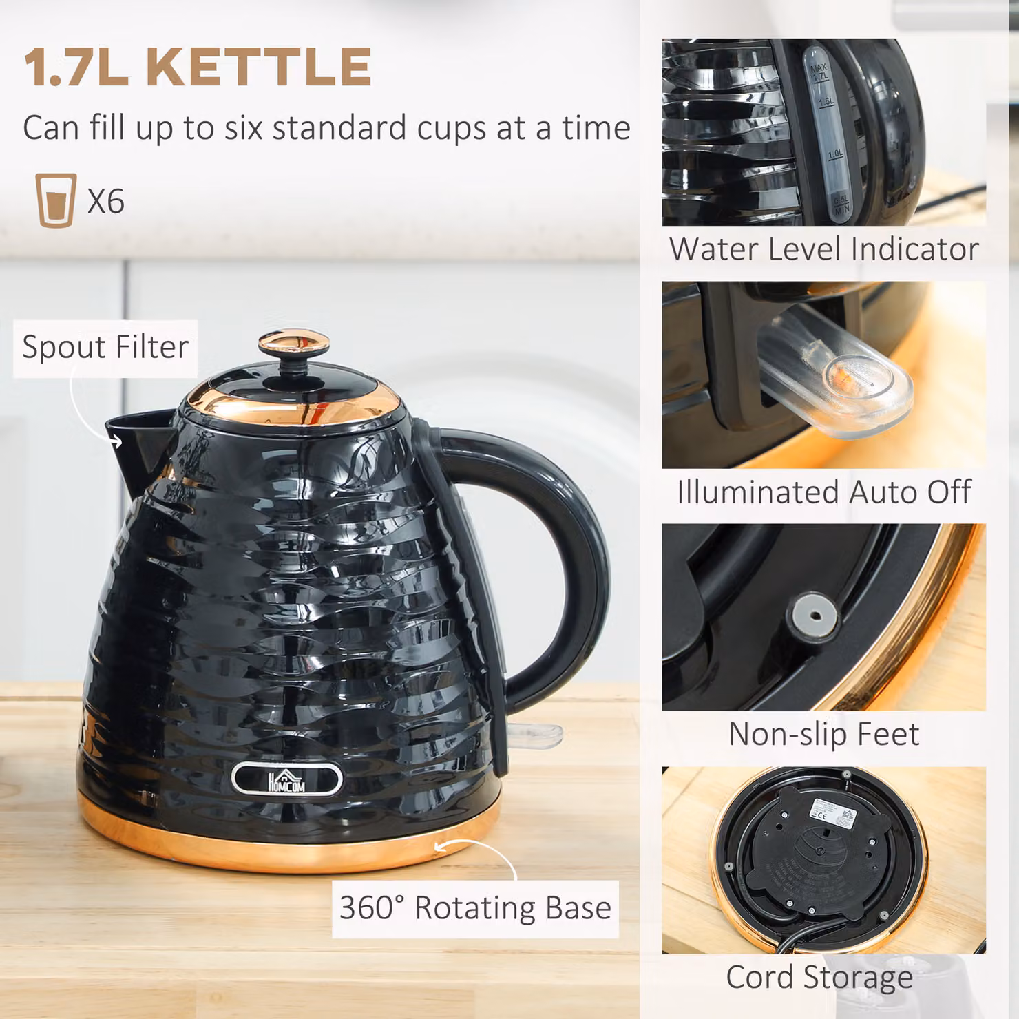 HOMCOM Black Kettle and Toaster Set with 1.7L Rapid Boil Kettle and 2 Slice Toaster featuring 7 Browning Controls and Crumb Tray – 4