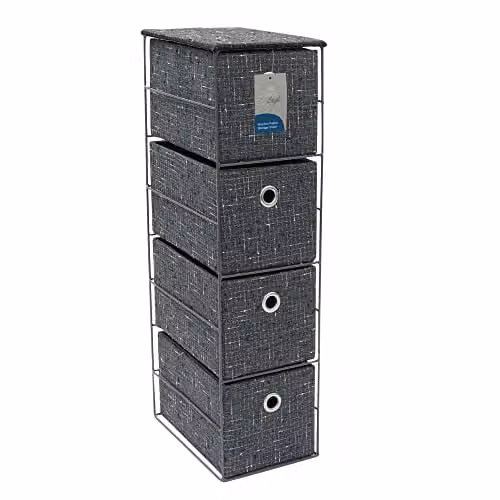 JVL Shadow 4 Drawer Narrow Fabric Storage Tower, Grey, W/D/H: 25.0 x 18.0 x 64.0 cm