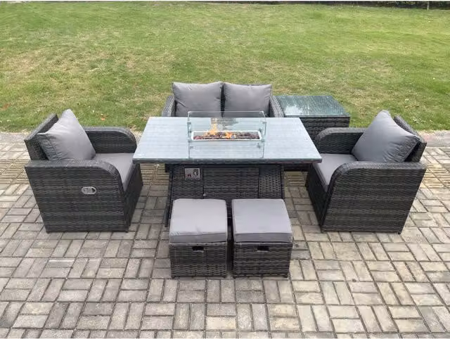 Fimous 7-Piece Dark Grey Rattan Garden Furniture Set with Gas Firepit Table and Reclining Chairs