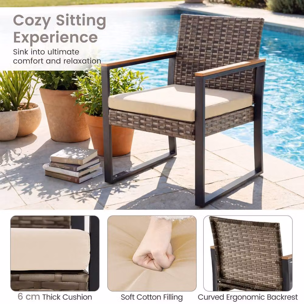Costway 3-Piece PE Rattan Patio Conversation Set with Cushions and Side Table in Beige – 6