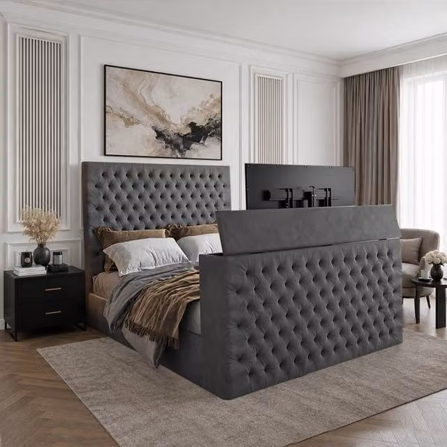 KDMD Angram Upholstered Soft Velvet TV Bed Frame in Grey, King Size – 1