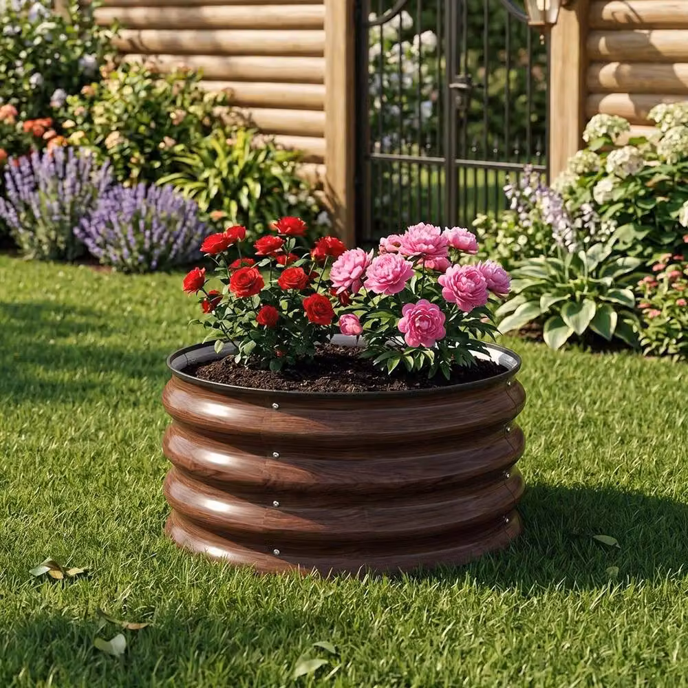 Spetlek Brown Wood Grain Metal Raised Bed Outdoor Elevated Planter W/D/H: 60 x 60 x 30 cm – 3