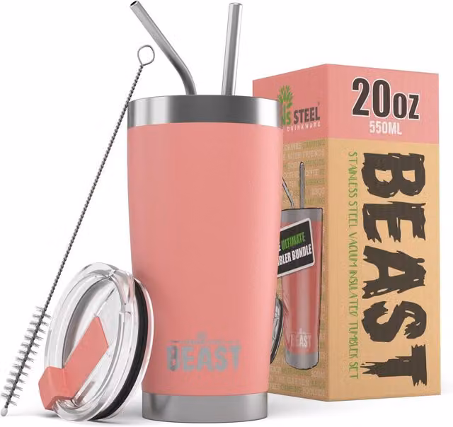 Green Steel 20oz Stainless Steel Double Insulated Coffee Tumbler Travel Mug with Lid in Pink