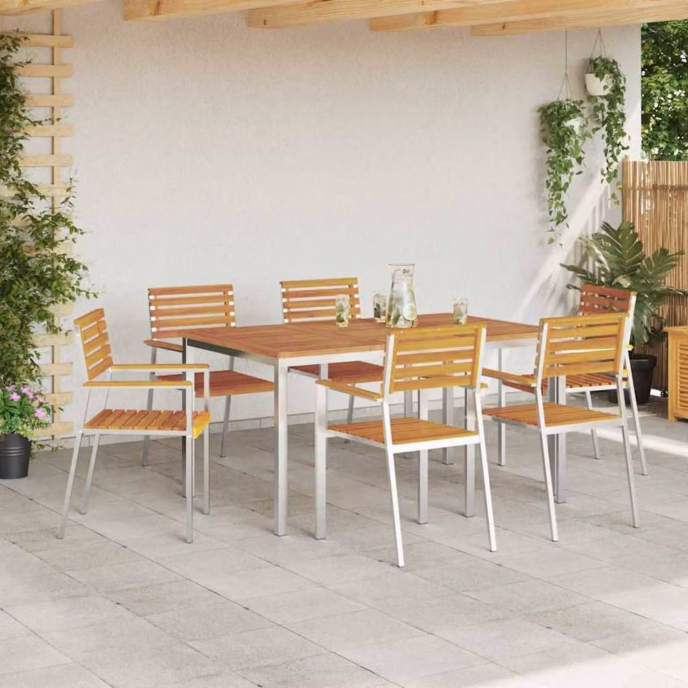 Berkfield Home 7 Piece Garden Dining Set in Brown Solid Acacia Wood and Stainless Steel – 3