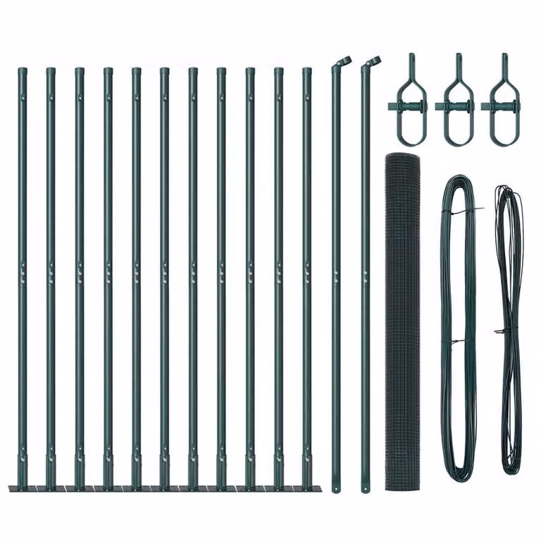Berkfield Home Green Steel Welded Wire Fence with 13 Flanged Posts, W: 25 m, H: 1.5 m
