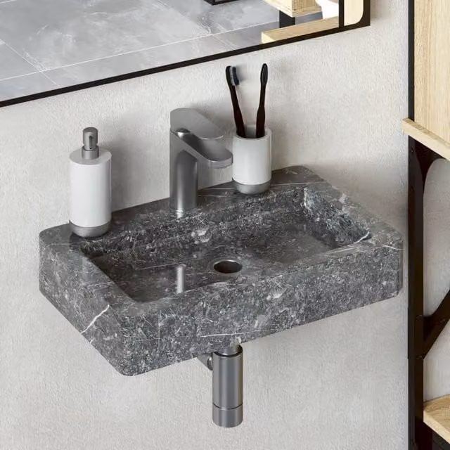 Berkfield Grey Marble Rectangular Wall Mounted Home Sink W/D/H: 38 x 24 x 6.5 cm – 1