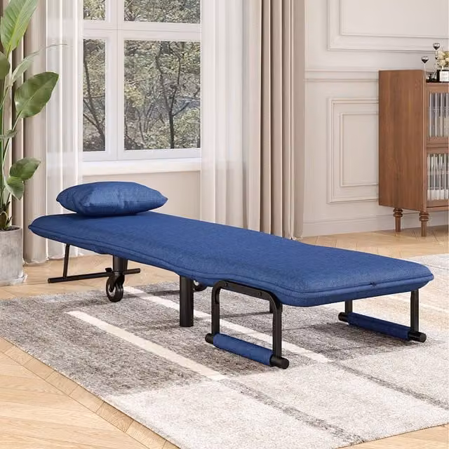 Komore Blue Linen Upholstered Foldable Sofa Bed with Rolling Black Legs