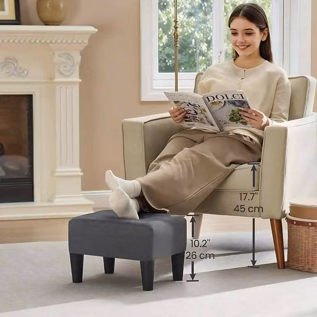 The Bazaarist Linen Ottoman Footstool with Cushioned Seat in Dark Grey and Black – 1