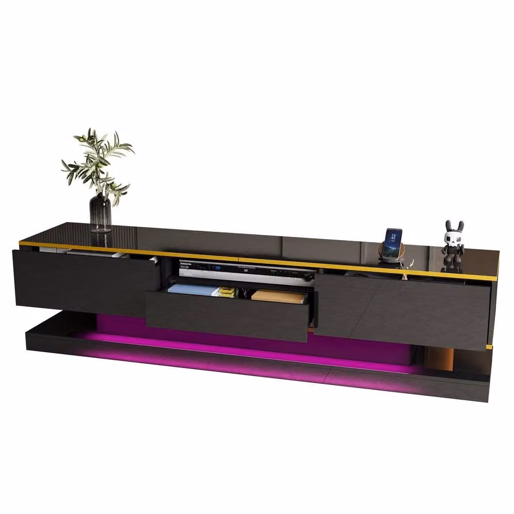 BTM Modern Glossy Black TV Cabinet with Integrated Lighting and Media Compartments, W: 180.0 cm, D: 38.0 cm, H: 45.0 cm – 1