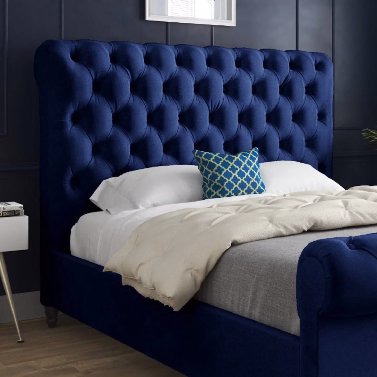 KDMD Sienna Sleigh Upholstered Soft Velvet Blue Bed Frame, W: 140 cm, D: 200 cm, H: 119 cm – 2
