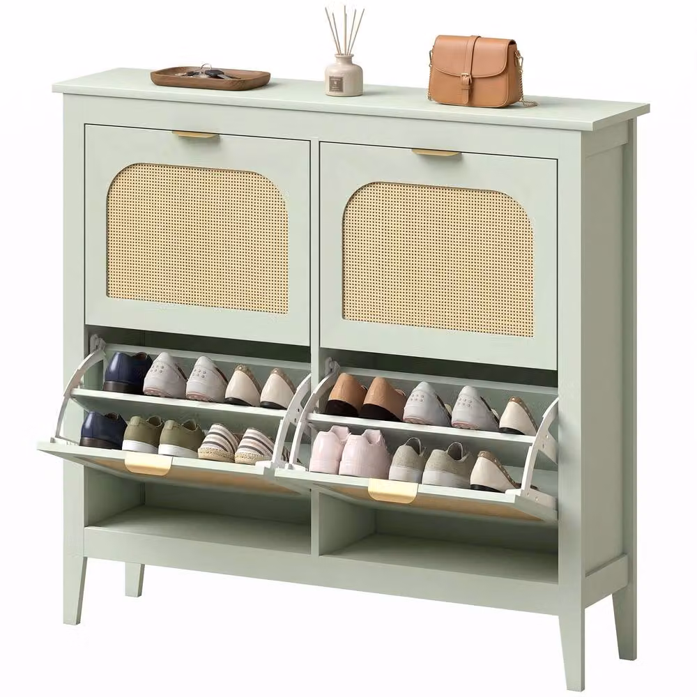 STILVORA Narrow Green Shoe Cabinet with 4 Rattan Tilting Compartments – 2