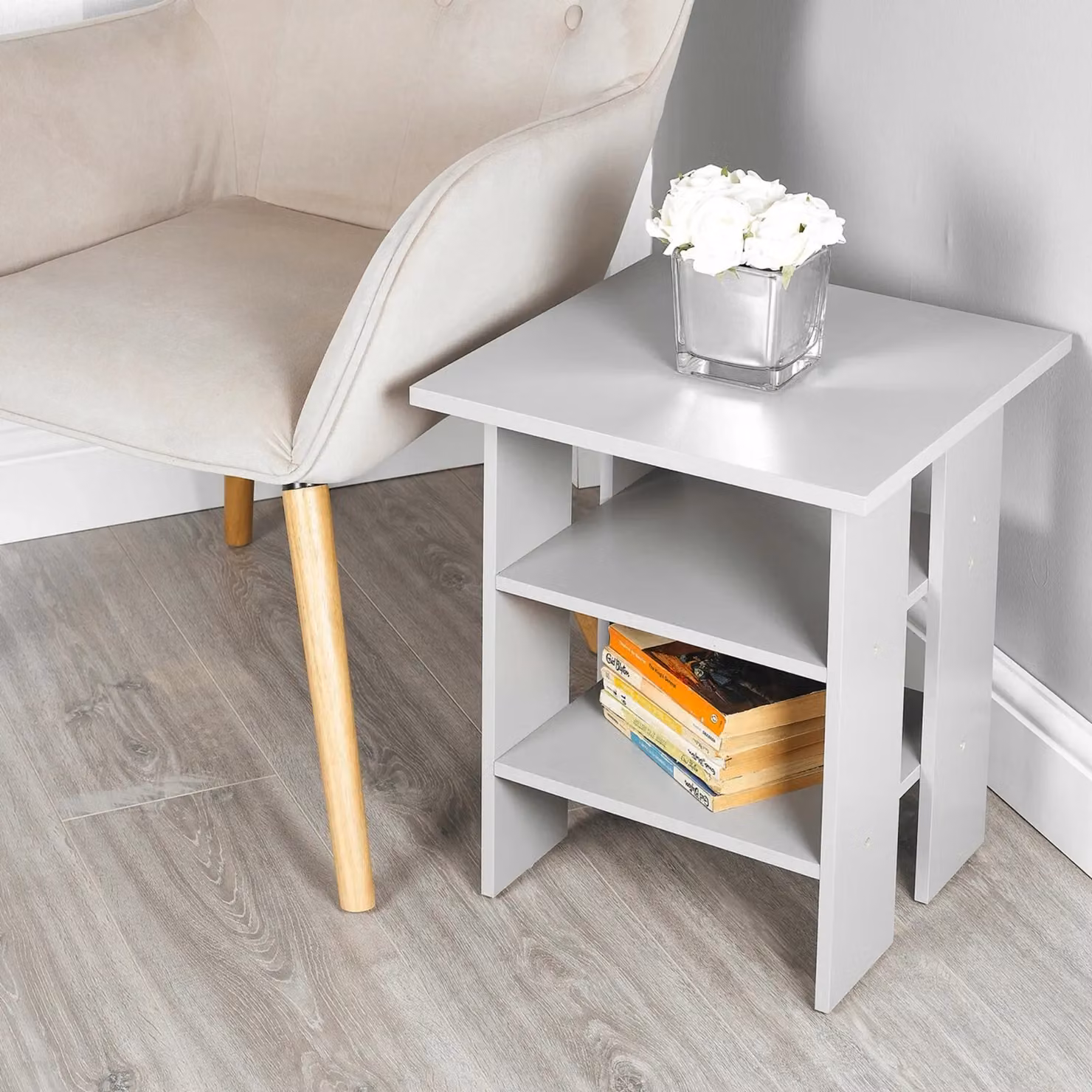 EONLION 2-Tier Grey Wooden End Table and Nightstand with Storage – 3