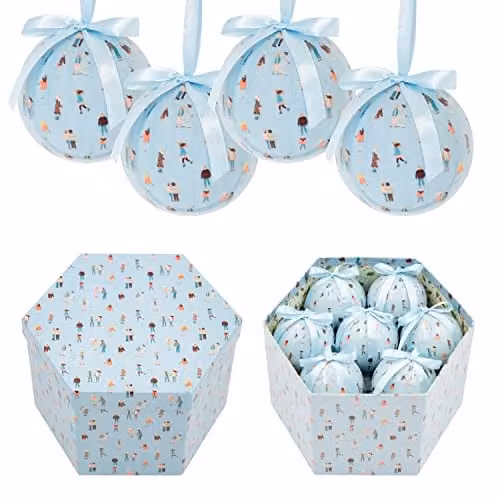 The Christmas Workshop Set of 14 Festive Christmas Baubles in Blue and White with Various Winter Designs, Diameter: 7.5 cm