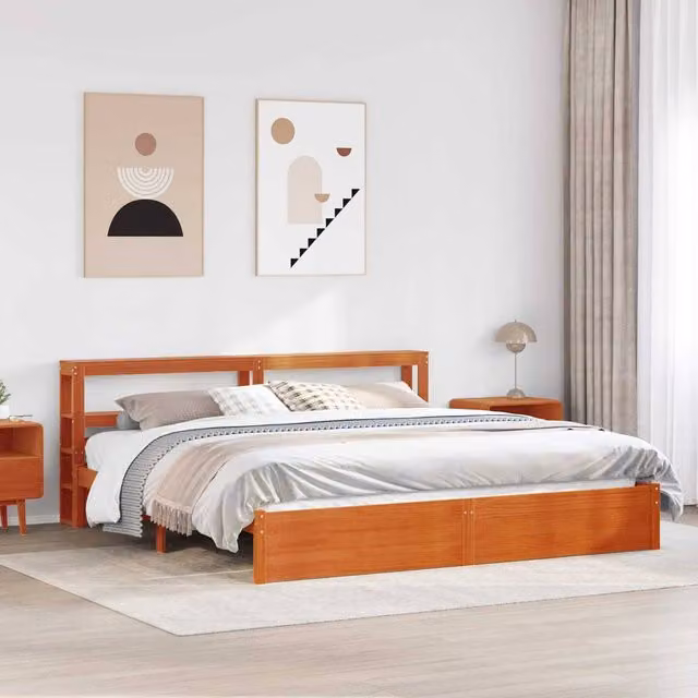 Berkfield Home Solid Pine Wood Bed Frame with Headboard and Side Compartments, Wax Brown, 200 x 200 cm