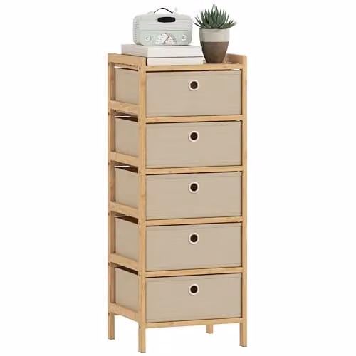 HOMCOM Chest of Drawers with Bamboo Frame and 5 Fabric Drawers in White