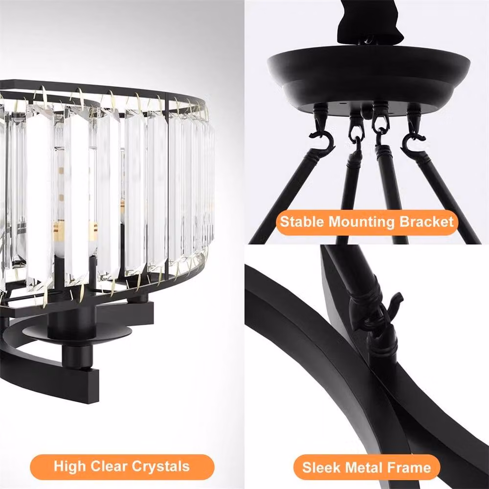 FLAVORA Modern Farmhouse Crystal Chandelier in Black Antique Metal with Transparent Crystals, Diameter: 60 cm – 5