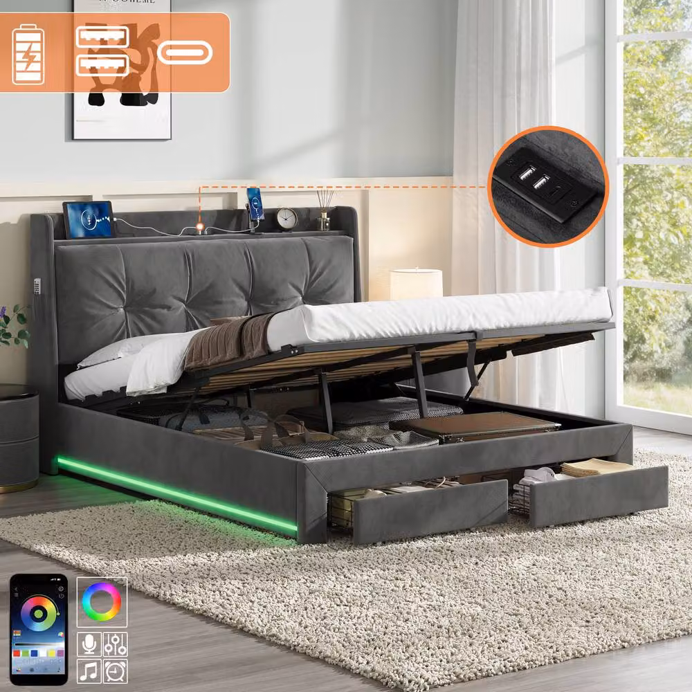 BTM Grey Velvet Upholstered Double Bed Frame with Hydraulic Storage, Drawers, USB Charging Port and Under-Bed Lighting, W/D/H: 140 x 200 cm – 3