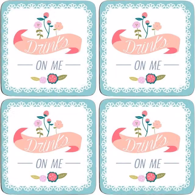 Orsina Set of Four Round Cork Coasters with Floral Design in Multicolour, White and Blue