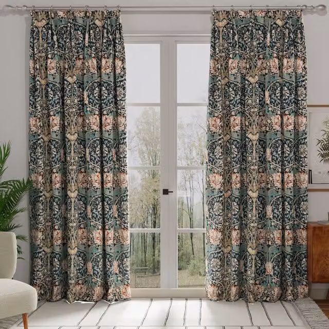 William Morris Honey Suckle Made to Measure Blue Floral Blackout Cotton Curtain Panel