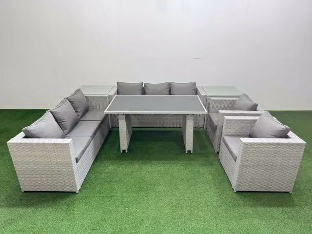 Fimous 8 Seater Outdoor Dining Set with 3 Seater Sofa and 2 Side Tables in Light Grey