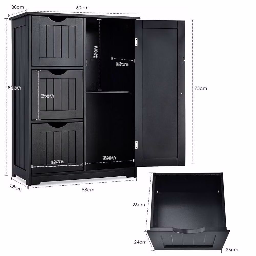 Costway Black Bathroom Floor Cabinet Storage Cupboard with 3 Drawers and Adjustable Shelves – 2
