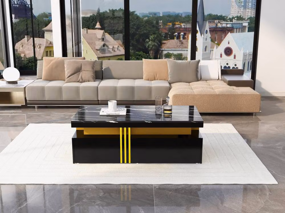 ModernLuxe Modern Rectangular Coffee Table with Marble Top and 2 Drawers in Black, W/D/H: 100 x 50 x 40 cm – 6