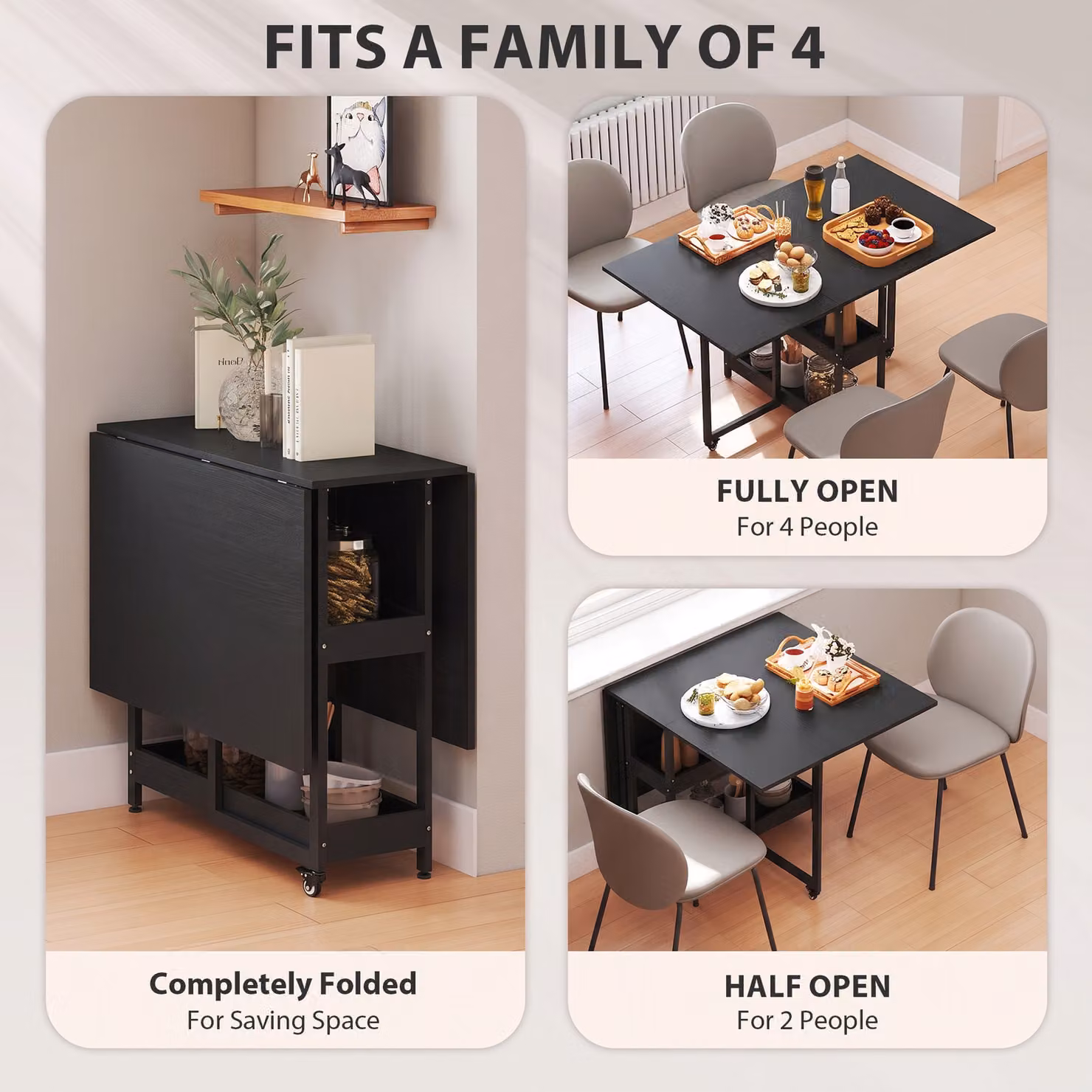 HOMCOM Black Wood-Effect Four-Person Drop Leaf Dining Table with Folding Top – 4