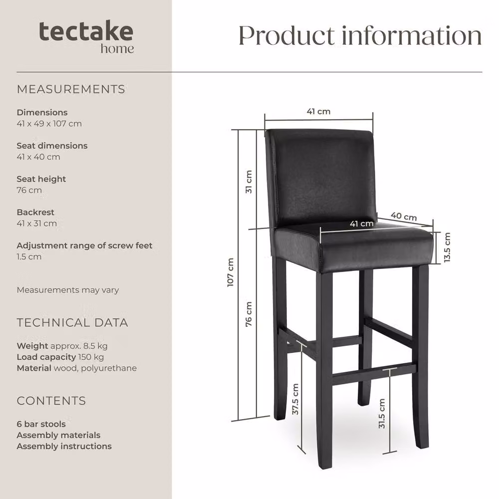 tectake Dover Modern Bar Stool Set of 6 in Black – 6
