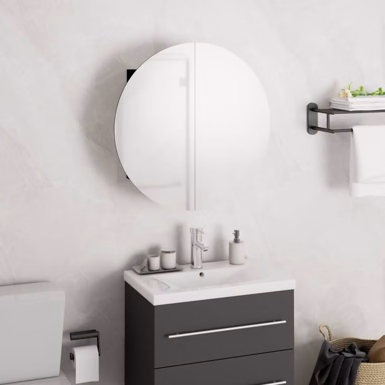 Berkfield Home Black Wall Mounted Bathroom Cabinet with Round LED Mirror, W/D/H: 40 x 40 x 17.5 cm