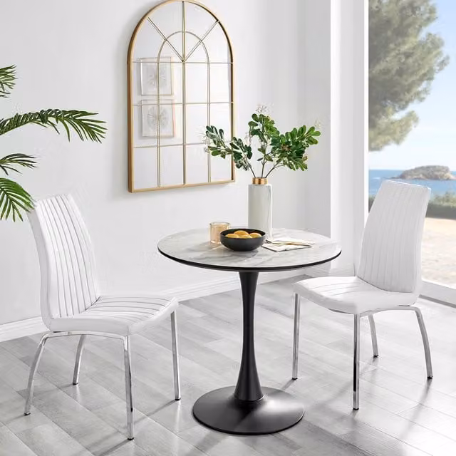 FurnitureboxUK Elina White Marble Effect Round Dining Table and 2 Isco Faux Leather Chairs in White and Black – 1