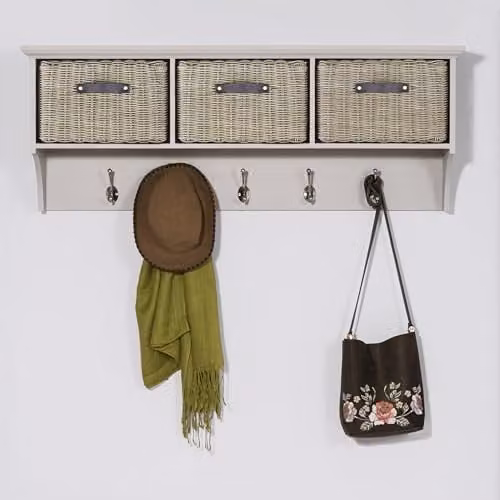 Statement Furniture Wall Mounted Coat Rack with Storage Baskets in Brown and White