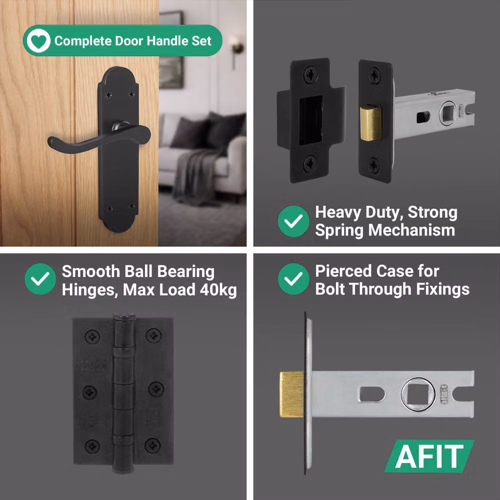 AFIT Matt Black Door Handle Latch Set with 6 Pairs of Hinges – 4