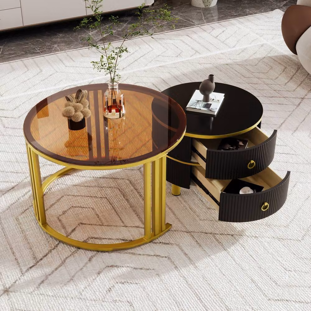 Rolipo 2-In-1 Round Coffee Table Set with Nested Tops and Storage Drawers in Black and Brown with Glass and Metal Details – 2