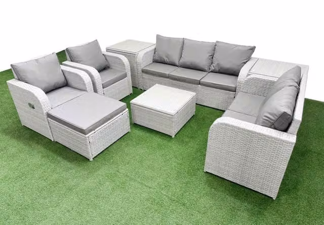 Fimous Grey PE Rattan Garden Furniture Set with Adjustable Chairs, Double Love Seat, Square Coffee Table, Big Footstool and 2 Side Tables