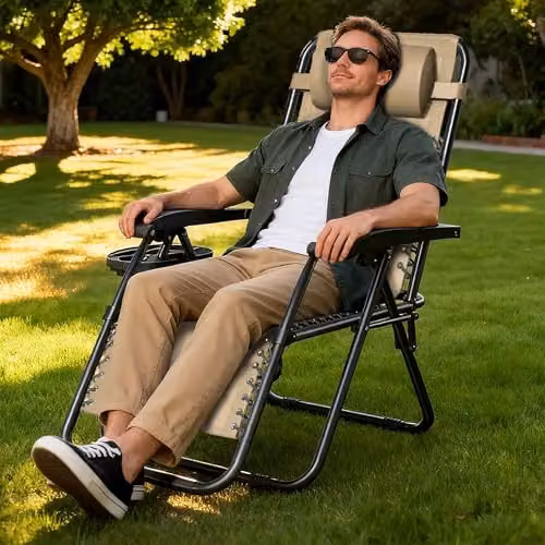 MCC Direct Set of 2 Zero Gravity Reclining Sun Loungers with Cream Textilene Fabric and Black Powder Coated Steel Frame – 2