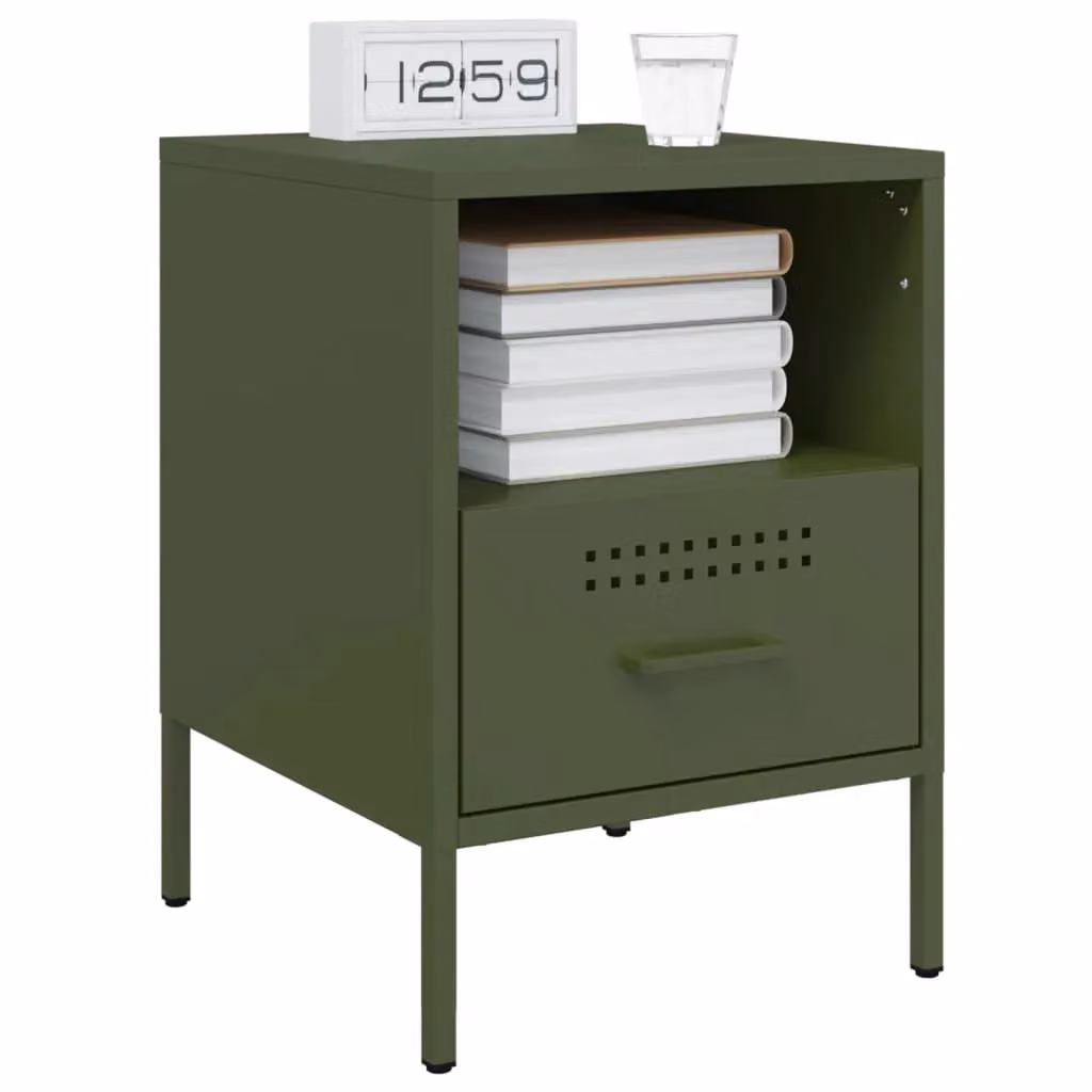 Berkfield Home Set of 2 Industrial Metal Bedside Cabinets in Olive Green, W/D/H: 36 x 39 x 50.5 cm – 2