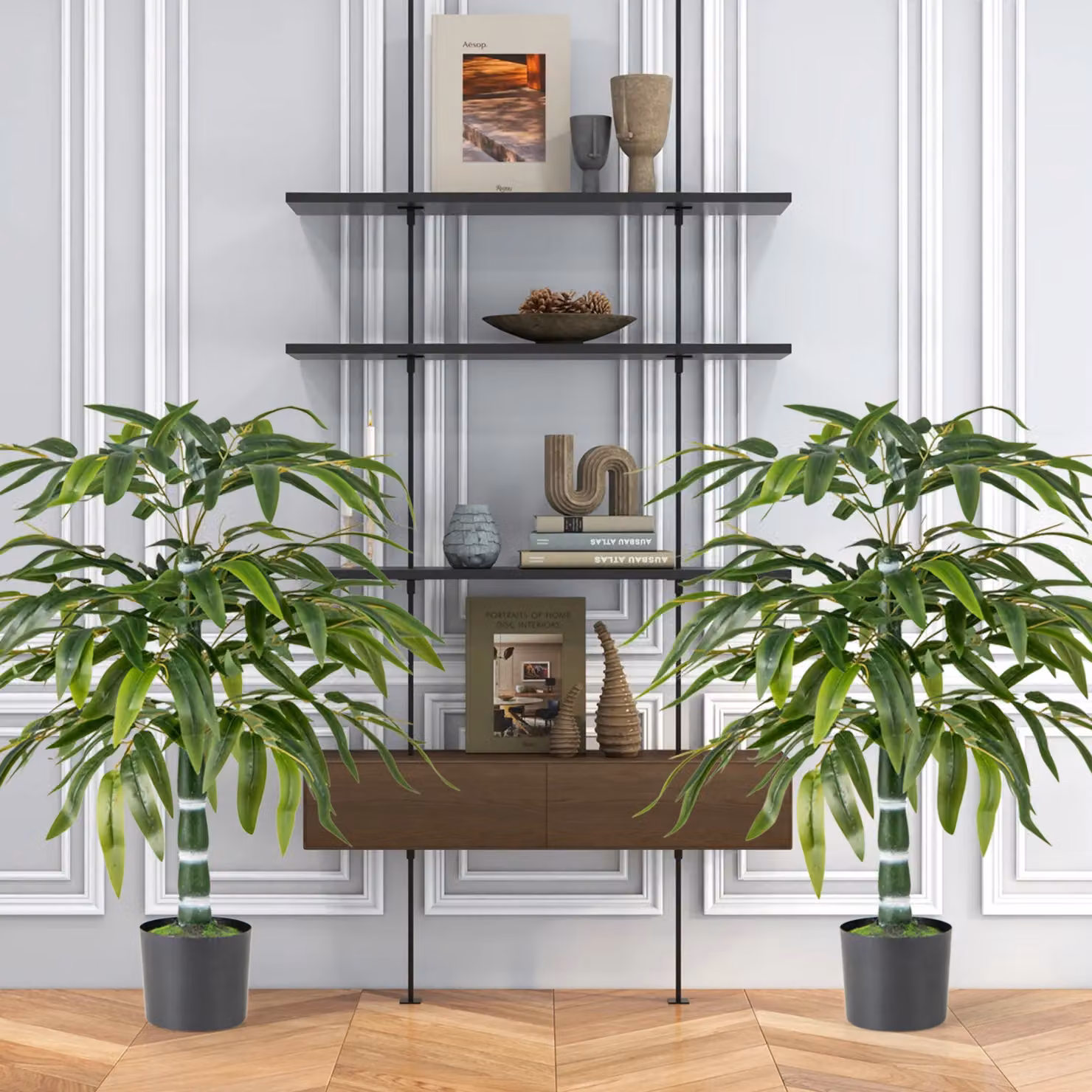Gymax Set of 2 Artificial Bamboo Trees in Dark Green with Pots, Height: 100 cm – 4