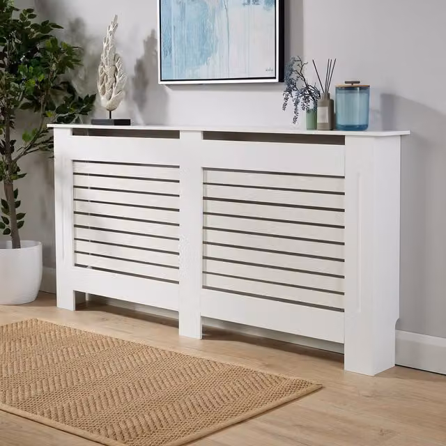 Home Source Extra Large Radiator Cover White MDF Wall Cabinet with Slatted Grill Shelf – 1