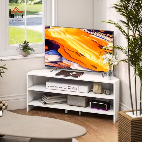 HOMCOM Modern White Corner TV Stand for Televisions up to 110 cm – 3