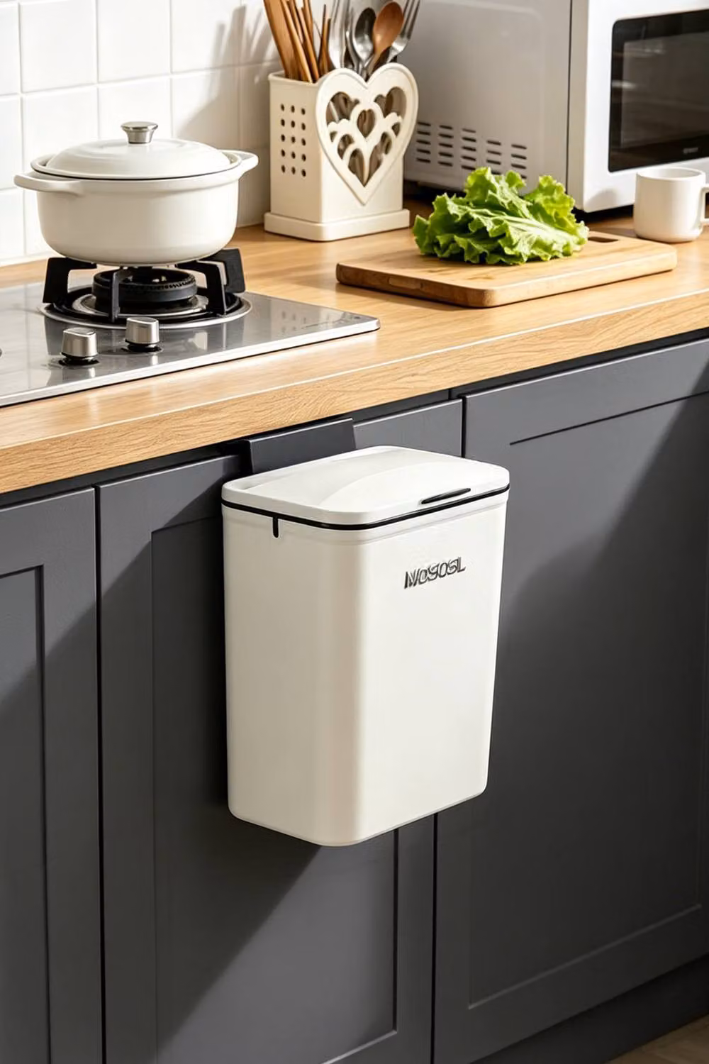 Living and Home 9L Wall Mounted Hanging Rubbish Bin with Flip Lid in Beige – 3